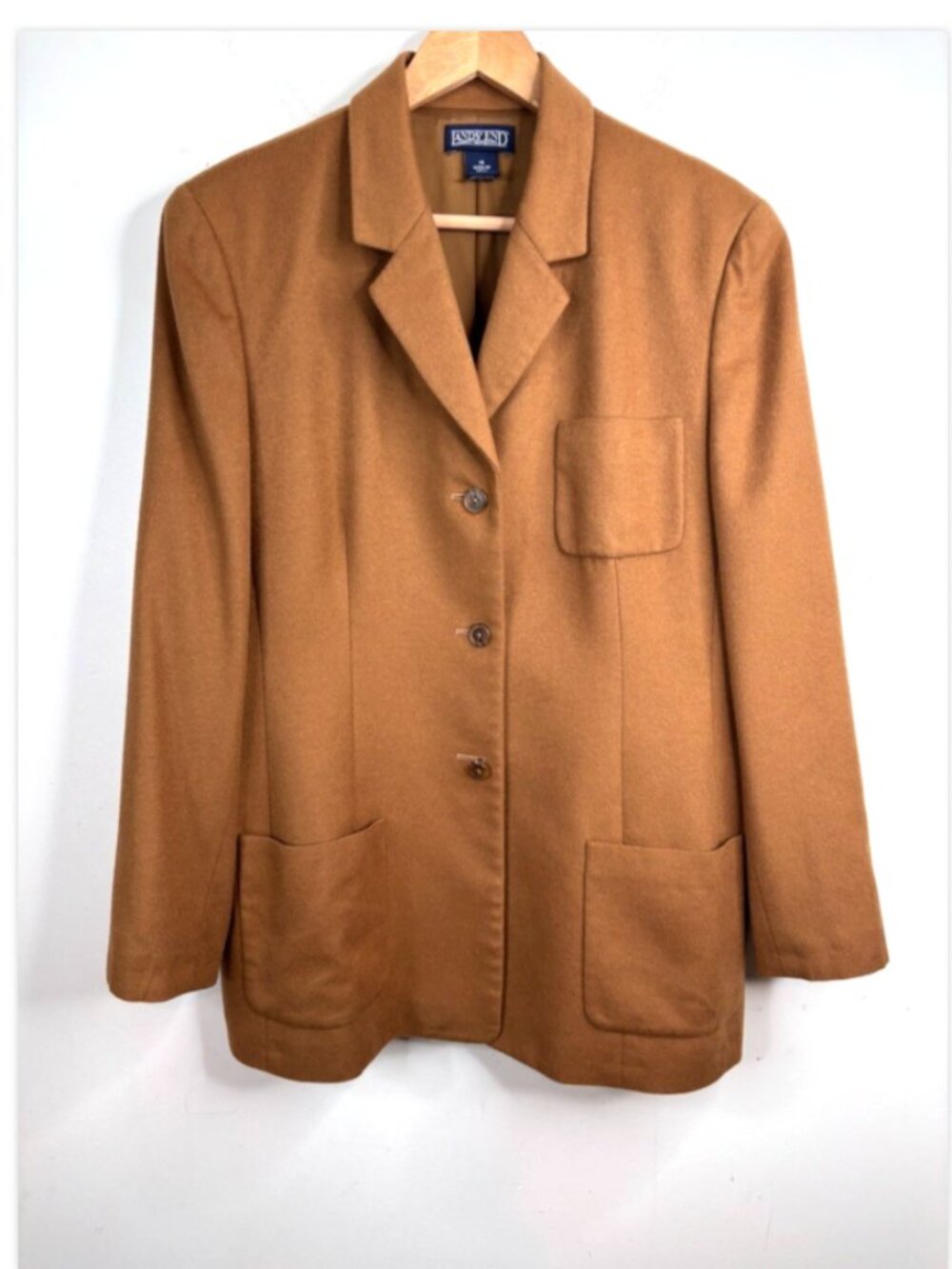 Vintage Lands End Wool Cashmere Blazer Jacket Women 16 Camel Brown Patch Pockets